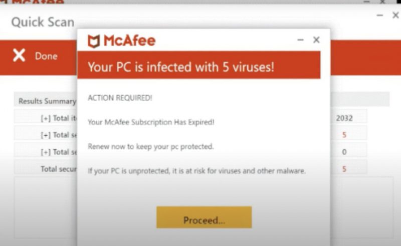 McAfee Your PC is infected with 5 viruses scam